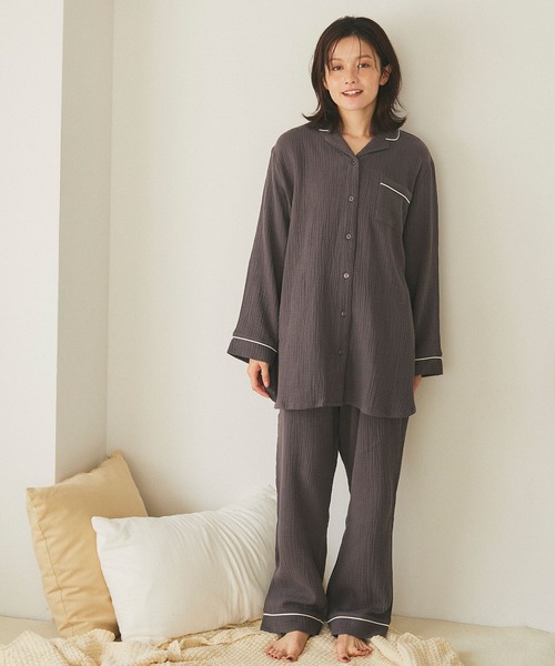cross marche（クロスマルシェ）の「【LAFUKU/ラフク】パイピングデザインダブルガーゼパジャマ綿100％《上下セット》（ルームウェア/パジャマ・レディース・アイボリー/ベージュ/チャコール・LL/L/M）」の11枚目の写真