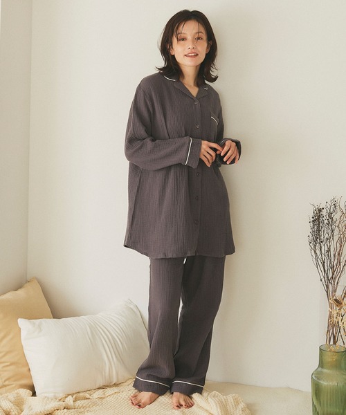 cross marche（クロスマルシェ）の「【LAFUKU/ラフク】パイピングデザインダブルガーゼパジャマ綿100％《上下セット》（ルームウェア/パジャマ・レディース・アイボリー/ベージュ/チャコール・LL/L/M）」の12枚目の写真