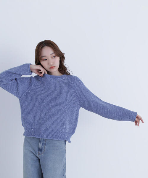 NATURAL BEAUTY BASIC（ナチュラルビューティーベーシック）の「◇スパンコールモールニット（ニット/セーター・レディース・ネイビー/オフホワイト/ブルー・FREE）」の14枚目の写真