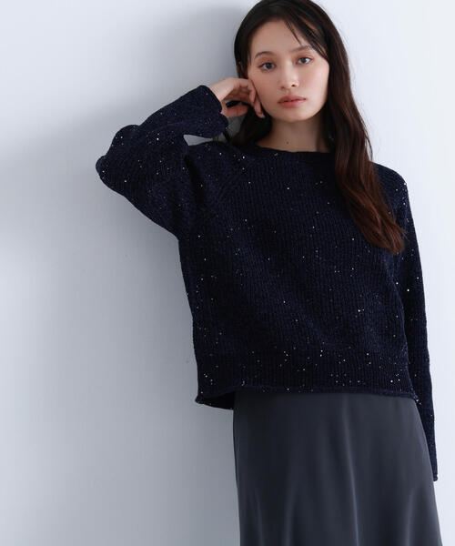 NATURAL BEAUTY BASIC（ナチュラルビューティーベーシック）の「◇スパンコールモールニット（ニット/セーター・レディース・ネイビー/オフホワイト/ブルー・FREE）」の2枚目の写真
