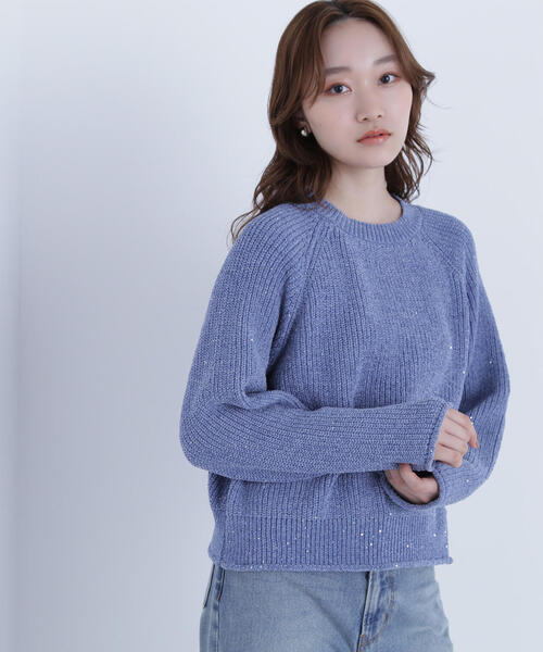 NATURAL BEAUTY BASIC（ナチュラルビューティーベーシック）の「◇スパンコールモールニット（ニット/セーター・レディース・ネイビー/オフホワイト/ブルー・FREE）」の3枚目の写真