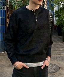【Chikashitsu +】henley neck hairy knit / 【チカシツプラス】ヘンリーネックヘアリー長袖ニット