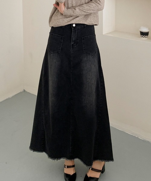 aimoha(アイモハ)の「ハイウエスト デニム ロングスカート(デニムスカート・レディース・ブラック/ブルー・MEDIUM/SMALL/LARGE)」の1枚目の写真
