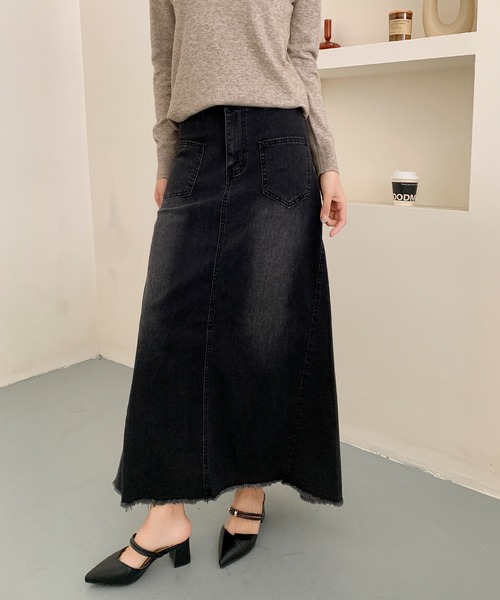 aimoha(アイモハ)の「ハイウエスト デニム ロングスカート(デニムスカート・レディース・ブラック/ブルー・MEDIUM/SMALL/LARGE)」の5枚目の写真