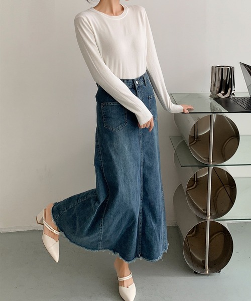 aimoha(アイモハ)の「ハイウエスト デニム ロングスカート(デニムスカート・レディース・ブラック/ブルー・MEDIUM/SMALL/LARGE)」の12枚目の写真