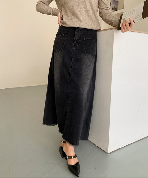 aimoha(アイモハ)の「ハイウエスト デニム ロングスカート(デニムスカート・レディース・ブラック/ブルー・MEDIUM/SMALL/LARGE)」の7枚目の写真