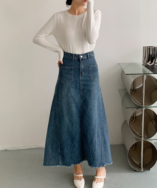 aimoha(アイモハ)の「ハイウエスト デニム ロングスカート(デニムスカート・レディース・ブラック/ブルー・MEDIUM/SMALL/LARGE)」の11枚目の写真