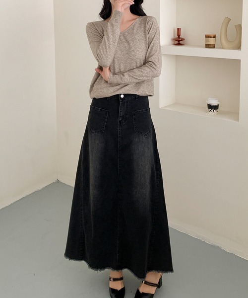 aimoha(アイモハ)の「ハイウエスト デニム ロングスカート(デニムスカート・レディース・ブラック/ブルー・MEDIUM/SMALL/LARGE)」の3枚目の写真