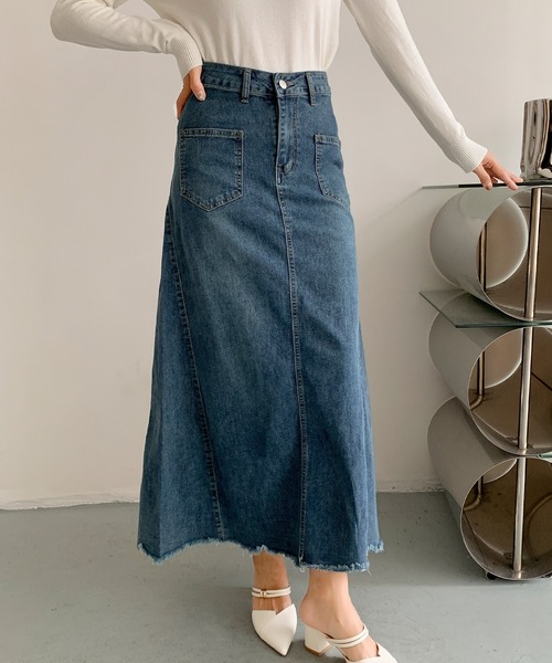 aimoha(アイモハ)の「ハイウエスト デニム ロングスカート(デニムスカート・レディース・ブラック/ブルー・MEDIUM/SMALL/LARGE)」の15枚目の写真