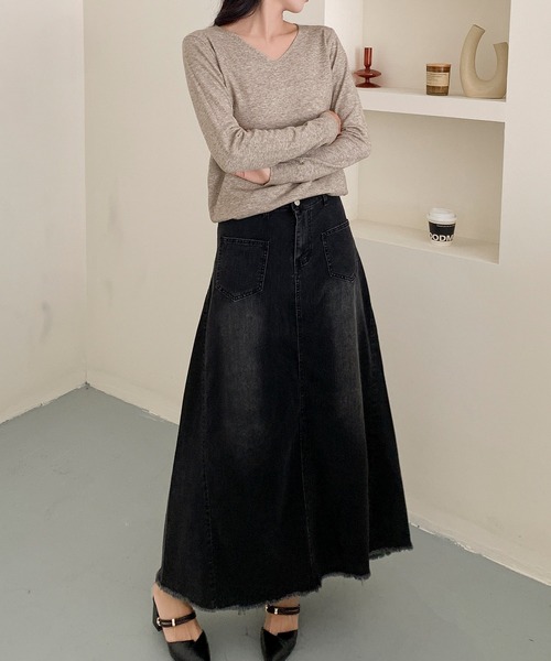aimoha(アイモハ)の「ハイウエスト デニム ロングスカート(デニムスカート・レディース・ブラック/ブルー・MEDIUM/SMALL/LARGE)」の4枚目の写真