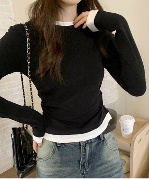 WEGO(ウィゴー)の「WEGO/フェイクレイヤードタイトロングTシャツ/トップス(Tシャツ/カットソー・レディース・ブラック/グレー・MEDIUM/LARGE)」の4枚目の写真