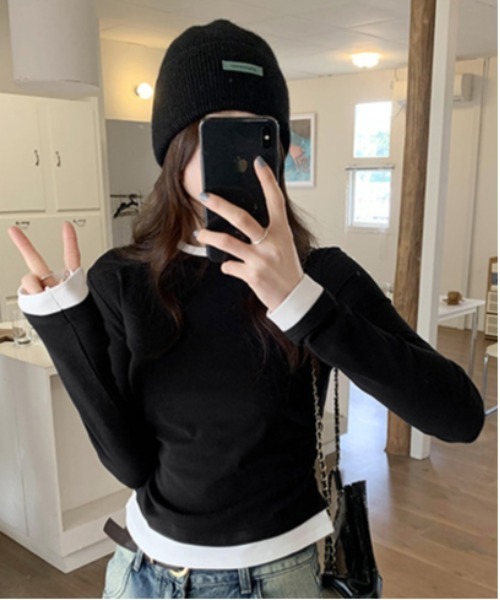 WEGO(ウィゴー)の「WEGO/フェイクレイヤードタイトロングTシャツ/トップス(Tシャツ/カットソー・レディース・ブラック/グレー・MEDIUM/LARGE)」の10枚目の写真