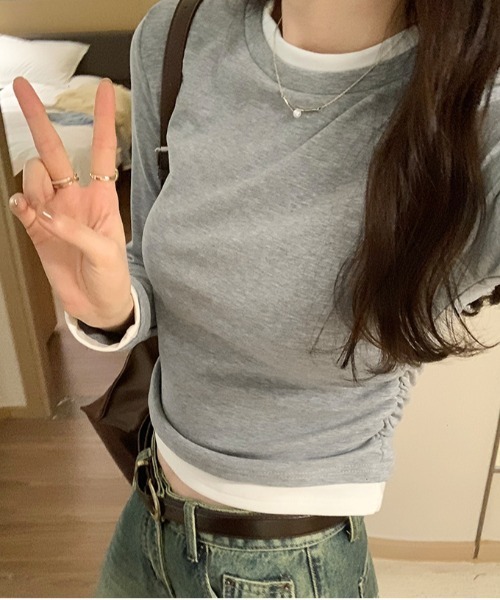 WEGO(ウィゴー)の「WEGO/フェイクレイヤードタイトロングTシャツ/トップス(Tシャツ/カットソー・レディース・ブラック/グレー・MEDIUM/LARGE)」の18枚目の写真