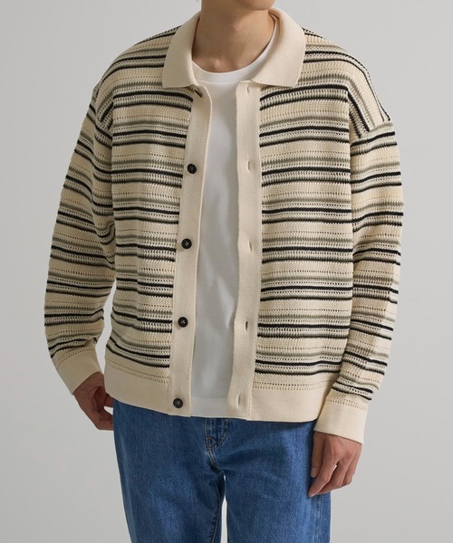 CITY TOKYO(シティトウキョウ)の「【CITY TOKYO/シティートーキョー】メッシュボーダーポロカーディガン(カーディガン/ボレロ・メンズ・ダークブルー/ベージュ・1/2)」の2枚目の写真