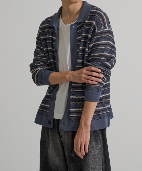 CITY TOKYO(シティトウキョウ)の「【CITY TOKYO/シティートーキョー】メッシュボーダーポロカーディガン(カーディガン/ボレロ・メンズ・ダークブルー/ベージュ・1/2)」の1枚目の写真