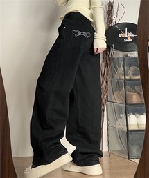 フロント切り替えバックリボン刺しゅうワイドデニムパンツ