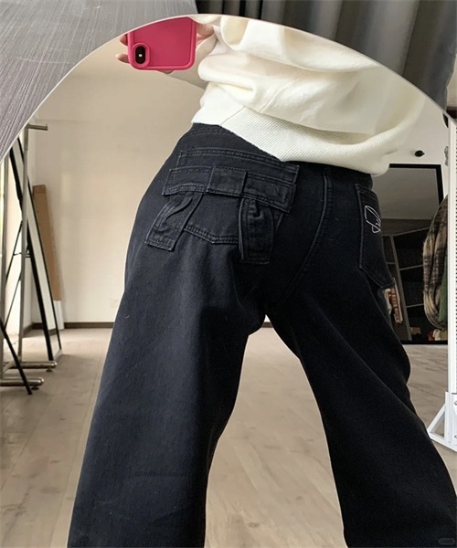 Dream garden(ドリームガーデン)の「フロント切り替えバックリボン刺しゅうワイドデニムパンツ(デニムパンツ・レディース・ブラック・XS/S/M/L/XL/XXL/3XL/4XL)」の7枚目の写真