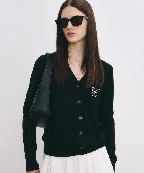 MINIMAL V NECK BUTTERFLY CARDIGAN_BLACK
