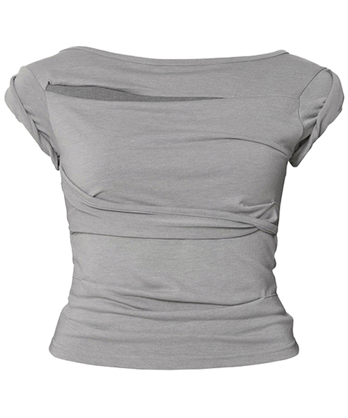 FLAREUP(フレアアップ)の「アシンメトリードレープロールアップTシャツ(FL-165_グレー)(Tシャツ/カットソー・レディース・グレー・OS)」の1枚目の写真