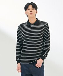 メンズ ピケストライプカラー 長袖Tシャツ-DARK5121B03