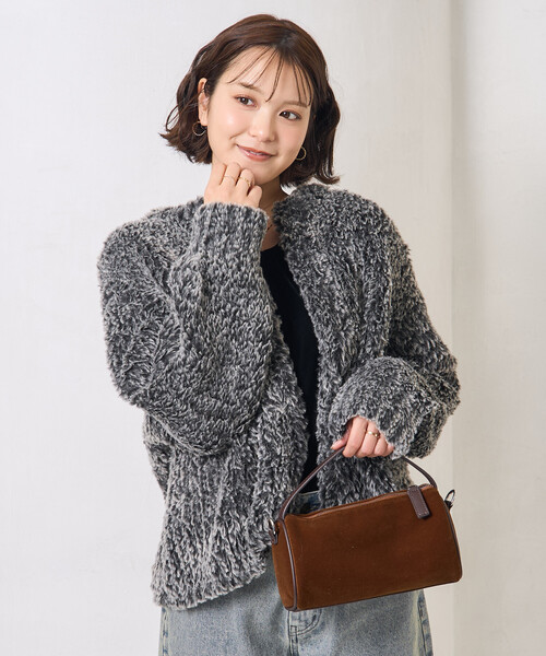 FREAK'S STORE（フリークスストア）の「ファー ニット コート（ノーカラージャケット・レディース・ブラウン/オフホワイト/グレー・ﾌﾘ-）」の3枚目の写真