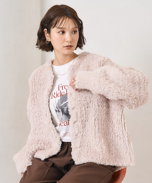 FREAK'S STORE（フリークスストア）の「ファー ニット コート（ノーカラージャケット・レディース・ブラウン/オフホワイト/グレー・ﾌﾘ-）」の5枚目の写真