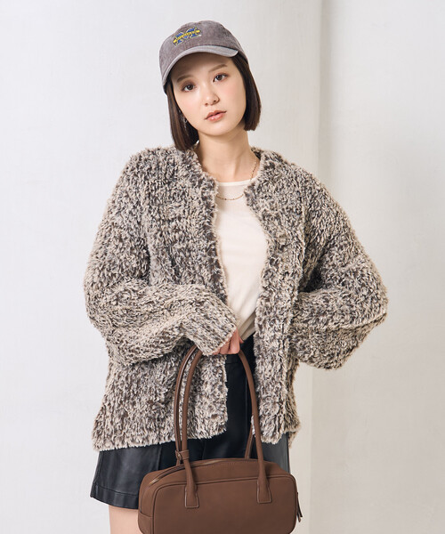 FREAK'S STORE（フリークスストア）の「ファー ニット コート（ノーカラージャケット・レディース・ブラウン/オフホワイト/グレー・ﾌﾘ-）」の15枚目の写真