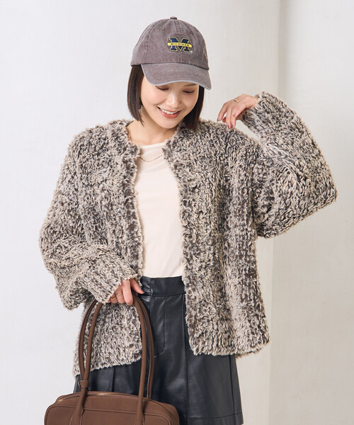 FREAK'S STORE（フリークスストア）の「ファー ニット コート（ノーカラージャケット・レディース・ブラウン/オフホワイト/グレー・ﾌﾘ-）」の17枚目の写真