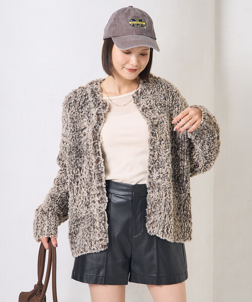 FREAK'S STORE（フリークスストア）の「ファー ニット コート（ノーカラージャケット・レディース・ブラウン/オフホワイト/グレー・ﾌﾘ-）」の19枚目の写真