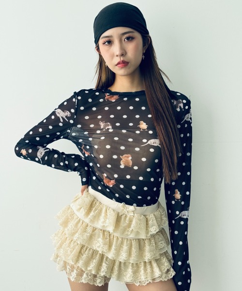 Y2K SYNAPSE FACTORY（ワイツーケー シナプスファクトリー）の「【ドット】シアーロングTシャツ（Tシャツ/カットソー・レディース・ホワイト/ブラック・FREE）」の6枚目の写真