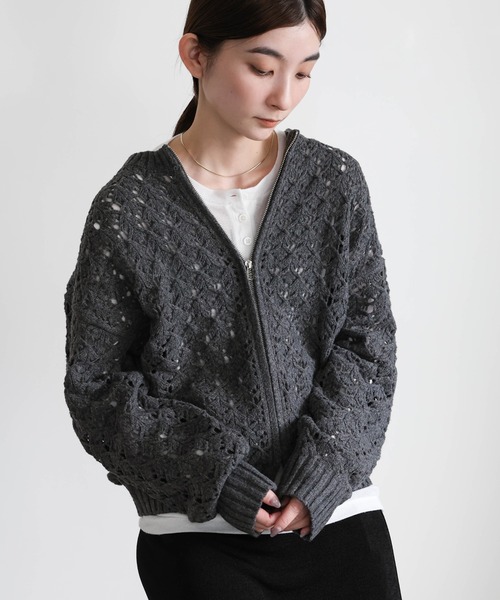 select MOCA（セレクトモカ）の「透かし編みジップカーディガン（カーディガン/ボレロ・レディース・ブラック/ブラウン・FREE）」の2枚目の写真