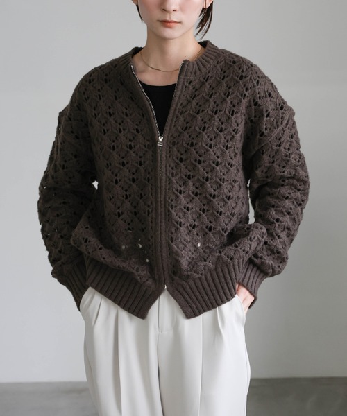 select MOCA（セレクトモカ）の「透かし編みジップカーディガン（カーディガン/ボレロ・レディース・ブラック/ブラウン・FREE）」の5枚目の写真