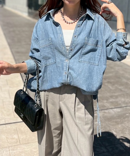 Emma Taylor(エマテイラー)の「【秋に活躍!】シルエット変更可!シアーデニムドロストシャツ(シャツ/ブラウス・レディース・ブルー/グレー・FREE)」の18枚目の写真