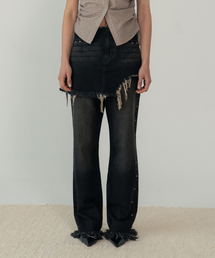 STUD DENIM SKIRT LAYERED PANTS  (BLACK)
