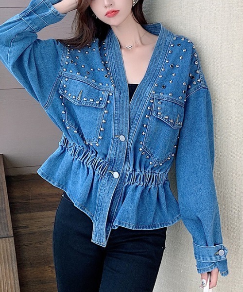 emi+(エミプラス)の「ペプラムシルエットデニムジャケット(デニムジャケット・レディース・ブルー・FREE)」の4枚目の写真