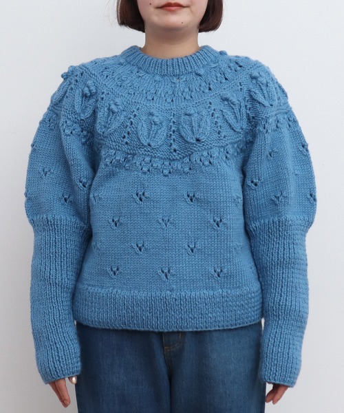 CHILD WOMAN（チャイルドウーマン）の「ネパールギルボックス 求心もよう編みプルオーバー（ニット/セーター・レディース・サックスブルー・FREE）」の12枚目の写真