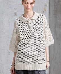 【SERACE】Loose openwork mesh short sleeve knit polo shirt / ルーズ透かし編みメッシュ半袖ニットポロシャツ