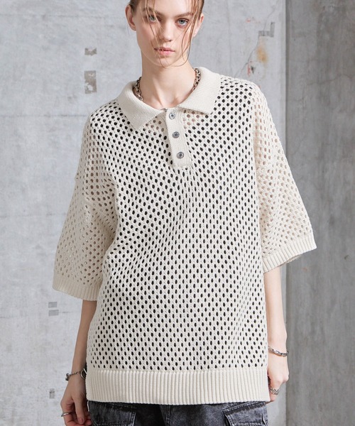 SERACE】Loose openwork mesh short sleeve knit polo shirt / ルーズ