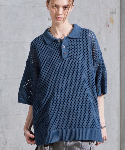 SERACE】Loose openwork mesh short sleeve knit polo shirt / ルーズ