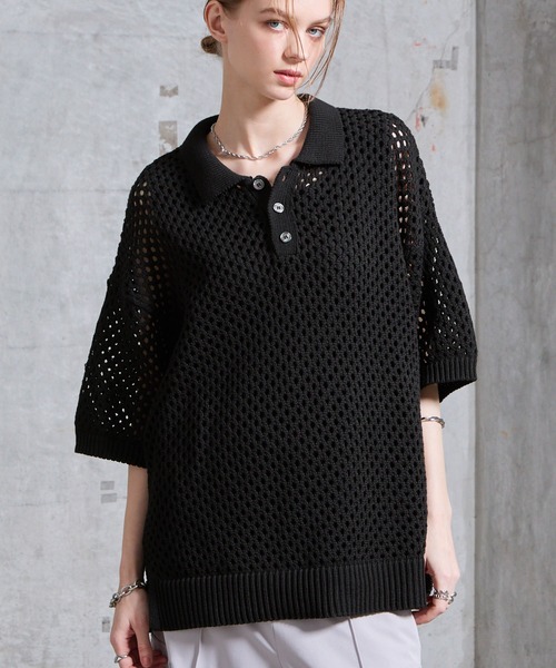 SERACE】Loose openwork mesh short sleeve knit polo shirt / ルーズ