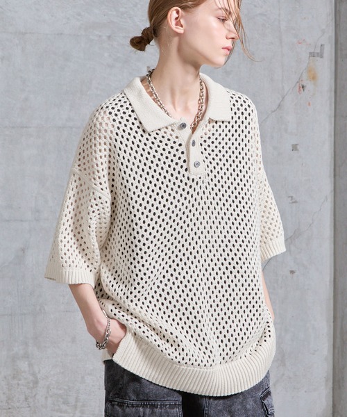 SERACE（セラス）の「【SERACE】Loose openwork mesh short sleeve knit polo shirt / ルーズ透かし編みメッシュ半袖ニットポロシャツ（ポロシャツ・メンズ・ブルー/ホワイト/ブラック・M/L/S）」の10枚目の写真