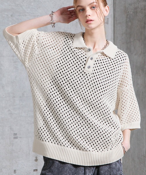 SERACE（セラス）の「【SERACE】Loose openwork mesh short sleeve knit polo shirt / ルーズ透かし編みメッシュ半袖ニットポロシャツ（ポロシャツ・メンズ・ブルー/ホワイト/ブラック・M/L/S）」の11枚目の写真