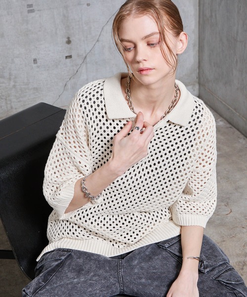 SERACE（セラス）の「【SERACE】Loose openwork mesh short sleeve knit polo shirt / ルーズ透かし編みメッシュ半袖ニットポロシャツ（ポロシャツ・メンズ・ブルー/ホワイト/ブラック・M/L/S）」の12枚目の写真