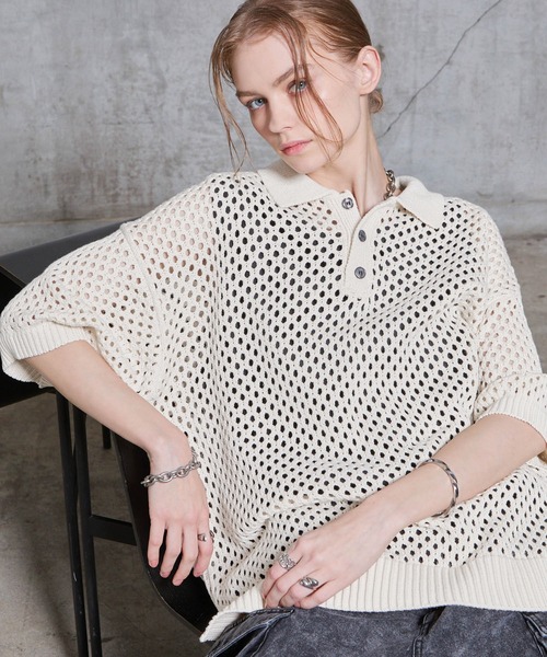 SERACE（セラス）の「【SERACE】Loose openwork mesh short sleeve knit polo shirt / ルーズ透かし編みメッシュ半袖ニットポロシャツ（ポロシャツ・メンズ・ブルー/ホワイト/ブラック・M/L/S）」の13枚目の写真