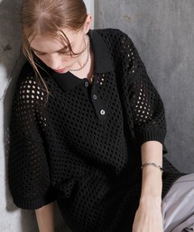 SERACE（セラス）の「【SERACE】Loose openwork mesh short sleeve knit polo shirt / ルーズ透かし編みメッシュ半袖ニットポロシャツ（ポロシャツ）」