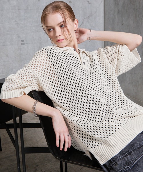SERACE（セラス）の「【SERACE】Loose openwork mesh short sleeve knit polo shirt / ルーズ透かし編みメッシュ半袖ニットポロシャツ（ポロシャツ・メンズ・ブルー/ホワイト/ブラック・M/L/S）」の14枚目の写真