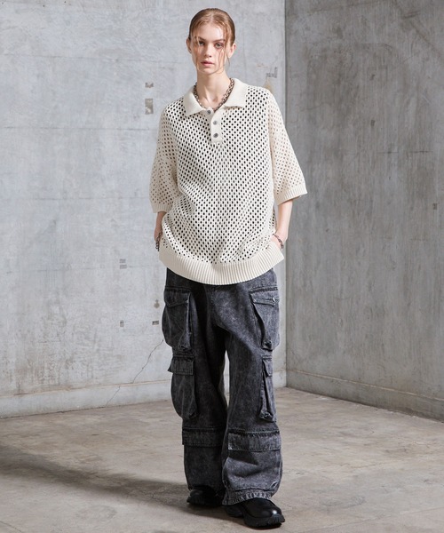SERACE（セラス）の「【SERACE】Loose openwork mesh short sleeve knit polo shirt / ルーズ透かし編みメッシュ半袖ニットポロシャツ（ポロシャツ・メンズ・ブルー/ホワイト/ブラック・M/L/S）」の16枚目の写真