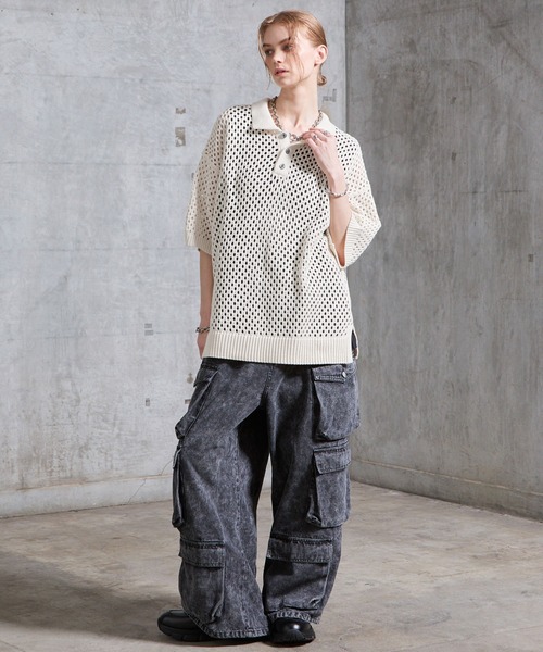 SERACE（セラス）の「【SERACE】Loose openwork mesh short sleeve knit polo shirt / ルーズ透かし編みメッシュ半袖ニットポロシャツ（ポロシャツ・メンズ・ブルー/ホワイト/ブラック・M/L/S）」の17枚目の写真