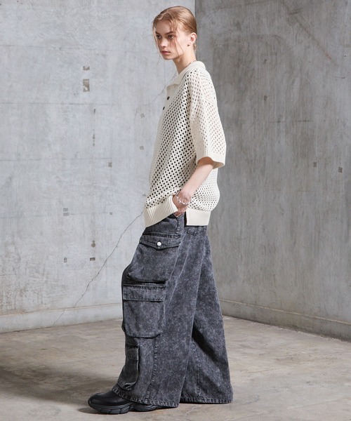 SERACE（セラス）の「【SERACE】Loose openwork mesh short sleeve knit polo shirt / ルーズ透かし編みメッシュ半袖ニットポロシャツ（ポロシャツ・メンズ・ブルー/ホワイト/ブラック・M/L/S）」の18枚目の写真