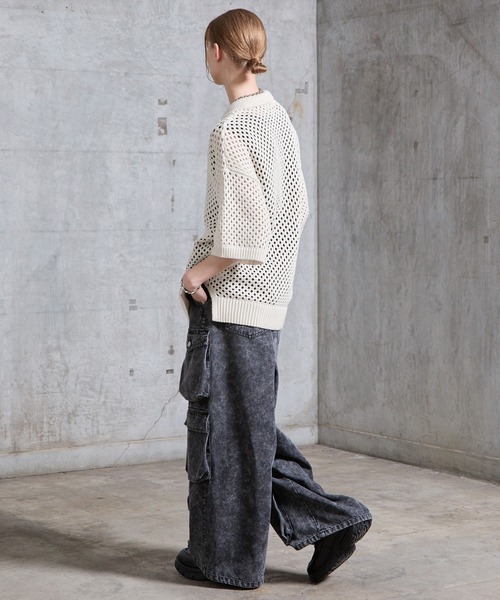 SERACE（セラス）の「【SERACE】Loose openwork mesh short sleeve knit polo shirt / ルーズ透かし編みメッシュ半袖ニットポロシャツ（ポロシャツ・メンズ・ブルー/ホワイト/ブラック・M/L/S）」の19枚目の写真